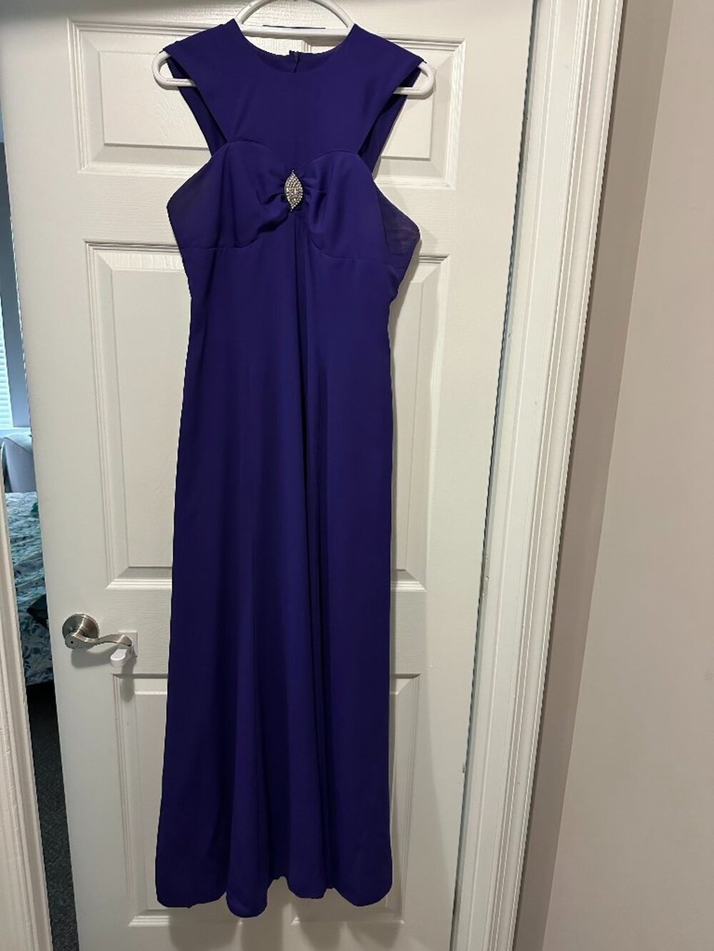 Vintage 1950s/60s Purple Evening Gown – High Neck Halter & Rhinestone Brooch